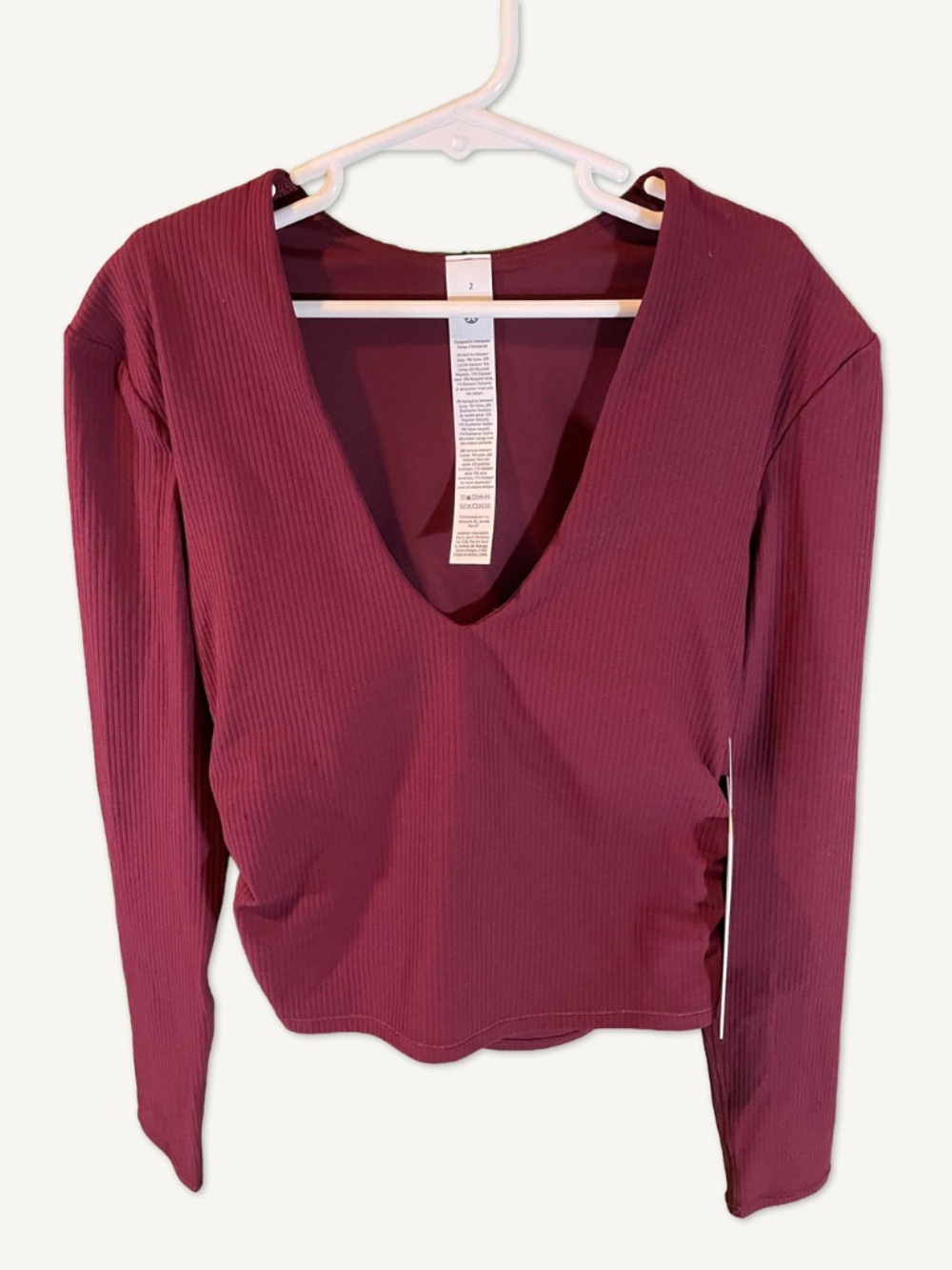 Lululemon Ribbed Deep V-Neck Long Sleeve Top | Size 2 | Burgundy | NWT